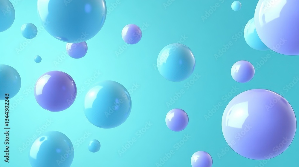 Poster glossy blue and purple spheres floating weightlessly, varying in size and clustering against luminou