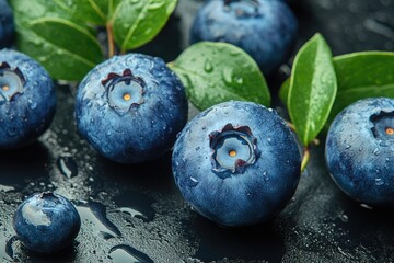 Juicy blueberries with water droplets on leaves. Perfect for food, health, or summer themes.