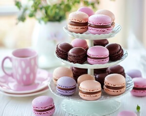 Obraz premium A beautiful display of colorful macarons on a tiered stand, accompanied by a pastel pink cup, creating a delightful and inviting dessert setting.