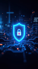 Cybersecurity graphic with lock symbol on a digital circuit board background, suggesting protection of information technology systems.