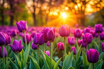 Obraz premium Purple Tulips Sunset Garden Bokeh - Spring Flowers Bloom Photography