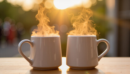 Cozy ceramic mugs steaming on wooden table at sunset, family warmth