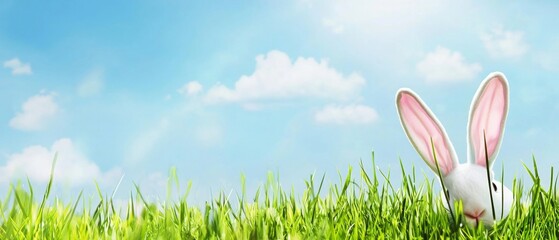 Fototapeta premium Adorable Easter Bunny Rabbit Hiding in Green Grass, Blue Sky Background