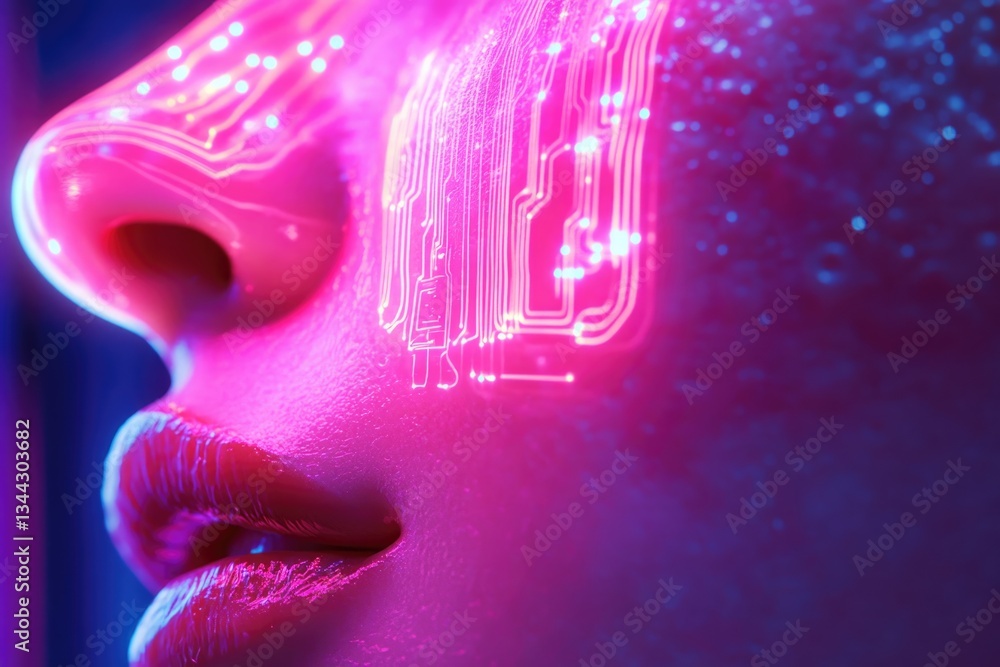 Poster close-up of a face illuminated with neon pink and blue circuit patterns, creating a futuristic, digi