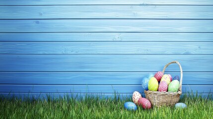Festive Easter Eggs in Basket with Spring Grass on Blue Wooden Background