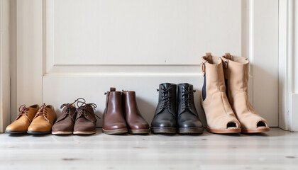 Neatly arranged shoes of various sizes by the door, generational legacy