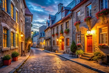 Fototapeta premium Quebec City Old Town Dusk Alleyway Intersection - Charming Narrow Streets Stock Photo