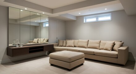 Living Room Featuring Beige Sofa and Ottoman with Modern Storage