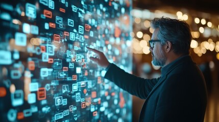 Businessman touching holographic interface, analyzing digital data points with professional gestures in high tech workplace environment, representing advanced workplace technology interaction