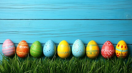 Colorful Easter Eggs in Grass on Blue Wooden Background