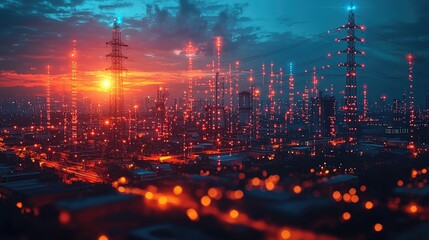 Fototapeta premium Vibrant sunset over a city skyline with power lines and glowing lights