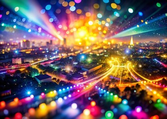Obraz premium Rainbow Bokeh Lights, Disco Party Night, Abstract Background, Drone View, Festive Celebration