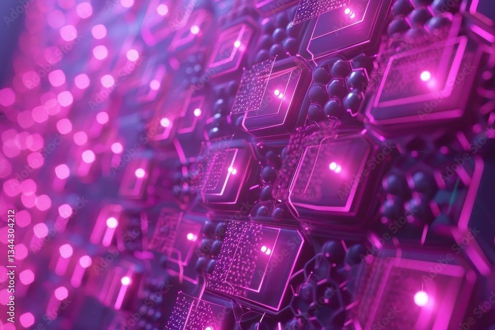 Poster glowing hexagons pulse in brilliant pink hues, creating an energetic digital matrix with soft diffus