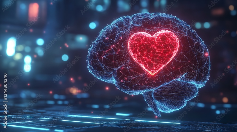 Poster digital brain heart abstract network technology love concept design 3d red data blue mesh light
