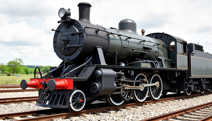 Naklejka premium Steam locomotive on railroad tracks, honoring industrial heritage