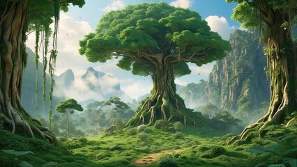 A lush, vibrant jungle scene.