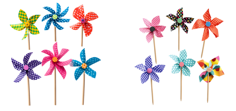 A set of colorful pinwheels with polka dots and checkered patterns  transparent background PNG