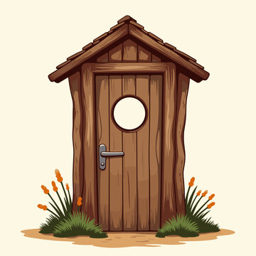 Rustic wooden outhouse with round cutout, vintage charm