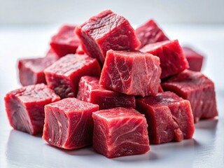 Fototapeta premium Raw Beef Cubes for Stew, Vibrant Red, Scattered on White Background - Low Light Photography