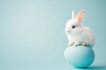 Obraz premium White Rabbit Sitting on Easter Egg, Isolated on Blue Background