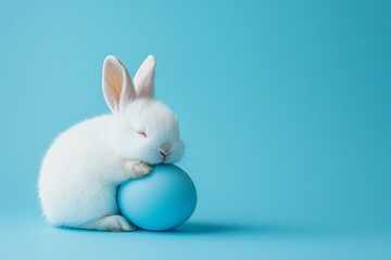 Obraz premium White Rabbit Sleeping on Easter Egg, Isolated on Blue Background