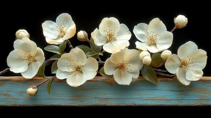 Delicate white blossoms on rustic wood. Perfect for spring themes, nature, or product displays.