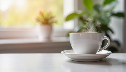 Obraz premium Steaming coffee cup in cozy break room, symbolizing hardworking nurses