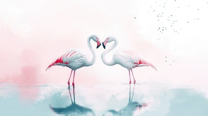 Fototapeta premium Two elegant flamingos gracefully facing each other on a serene water surface with a pastel background