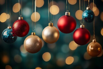 Festive Christmas ornaments hanging against a shimmering teal backdrop, creating a magical holiday ambiance with warm, soft lighting.