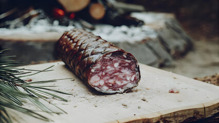 Forest-Smoked Sausage with Caramelized Casing. Perfect for: Traditional butchery branding, rustic food photography, outdoor cooking concepts, gourmet sausage promotions, artisanal meat products.