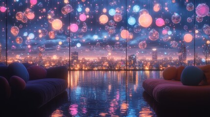 Futuristic Lounge with Colorful Bubbles, City View