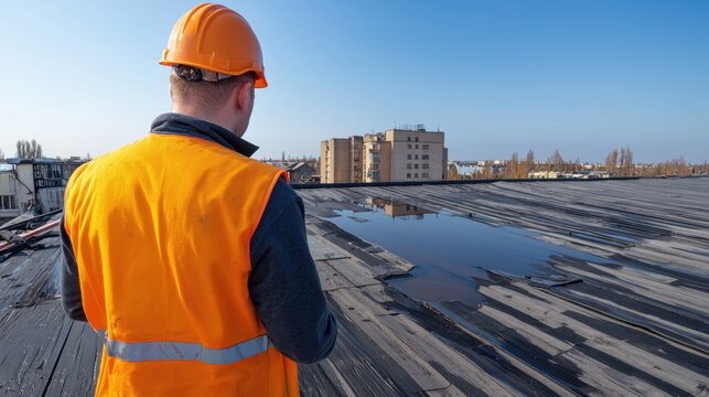 Roof Leak Concept, Contractor Inspecting Flat Roof for Water Leakage During Daylight in Urban Area with Clear Sky