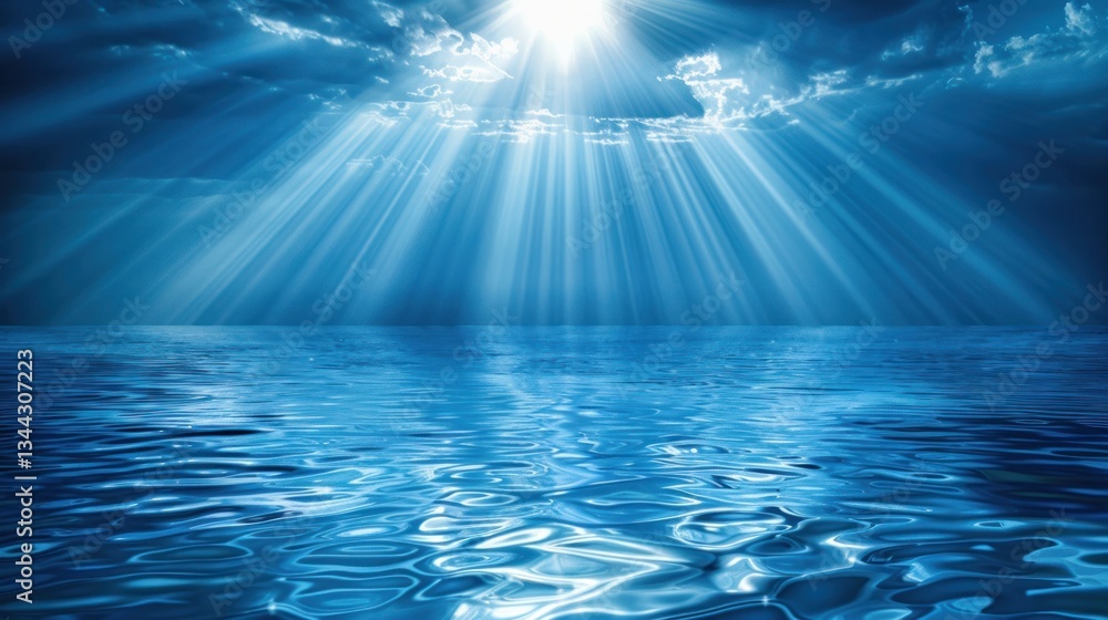 Poster warm golden rays slice through clouds, illuminating a tranquil ocean as soft reflections dance on th