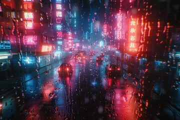 Fototapeta premium Raindrops on a glass pane reflect bright neon lights from a bustling city at night, enhancing the moody ambiance