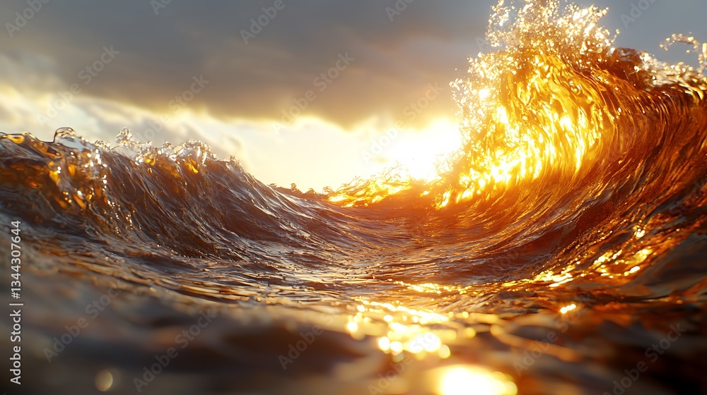 Poster captivating sunset reflection on ocean waves with vibrant colors and dynamic motion