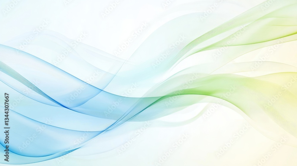 Poster elegant blue and green waves flowing dynamically across white background, creating abstract graphic 