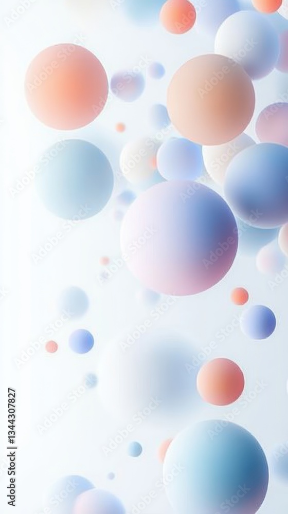 Poster pastel spheres drifting weightlessly across soft gradient background, creating ethereal abstract lan