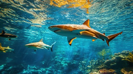 Fototapeta premium Majestic Sharks Swimming Gracefully in Crystal Clear Ocean Waters