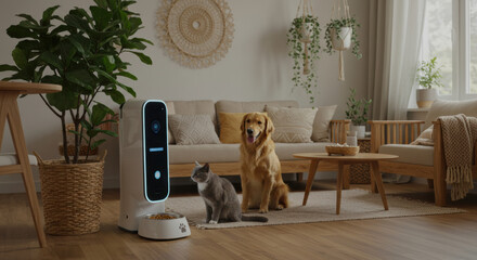 Robot assists in household tasks while a cat and a dog enjoy their surroundings in a modern living room setting