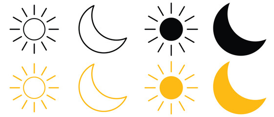 Sun moon vector icon set, day and night sign, dark and light mode icons, Screen brightness and contrast level signs and symbols for app user interface and web elements. vector illustration.
