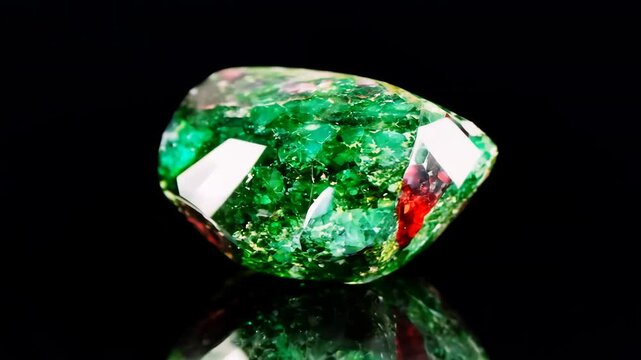 A polished green Ruby Zoisite gemstone with sparkling facets, showcasing vibrant green hues and hints of red. The stone is displayed on a reflective black surface, enhancing its brilliance.