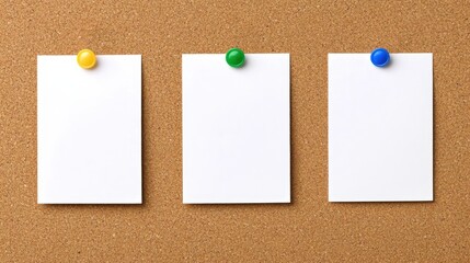Vertical blank white notes pinned with colorful pushpins on cork board, offering workplace messaging and organizational space