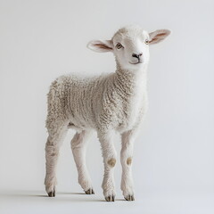 Fototapeta premium A small, fluffy white lamb standing in a side view, isolated on a white background. Its soft wool, bright gentle eyes, and innocent, curious expression create a heartwarming and realistic animal 