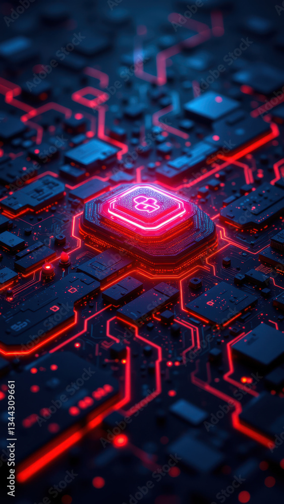 Poster an artistic representation of a cyber security defense system with glowing red circuitry and blue no