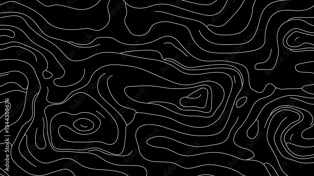 Poster topographic white lines tracing concentric shapes, generating abstract cartographic pattern against 