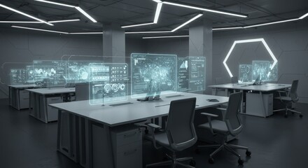 Modern Futuristic Office Space with Digital Interface and Glowing Geometric Accents
