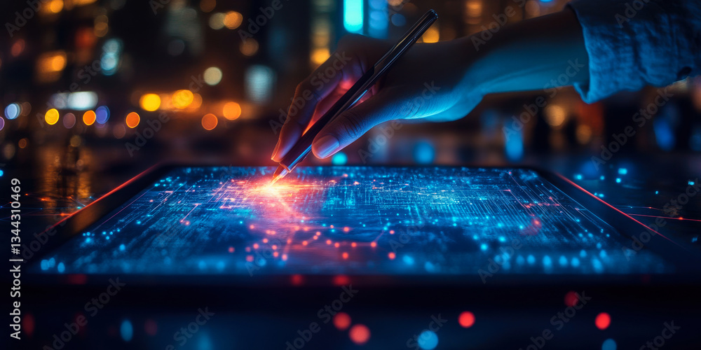 Poster person using stylus on digital tablet with futuristic holographic interface and glowing data visuali