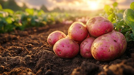 Freshly harvested red potatoes in a field at sunset. Illustrates agricultural abundance and healthy food.
