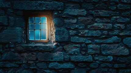 A rustic brick wall with a small window lets in soft blue sky, creating a dreamy atmosphere