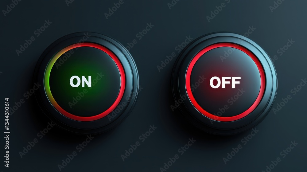 Poster toggle switch buttons displaying opposite states, green and red illumination, indicating activation 